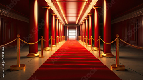Pathway for triumph is a path delimited by an illuminated red carpet, red velvet rope barrier and golden supports. The footpath starts in front of you and leads you to a white open door. Generative Ai