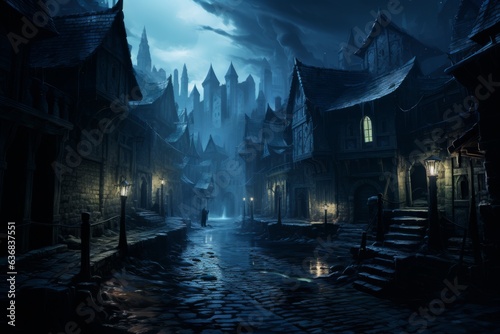 Scary halloween empty street at midnight in abandoned medieval town. Created using generative AI