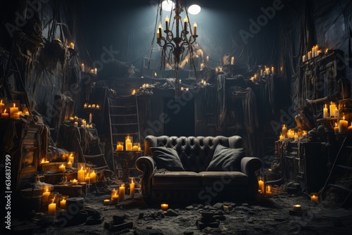 Old abandoned messy horror room interior full of vintage furniture and candlelights. Halloween concept. Created using generative AI photo