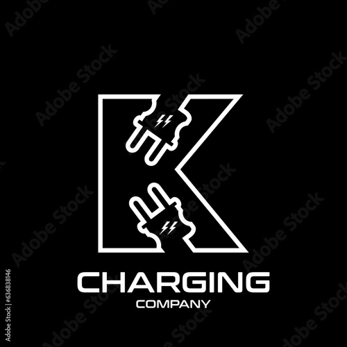 Letter K Electric Plug vector logo template. Technology background. This alphabet is suitable for energy  power  cable  wire  electrical  device  connect.