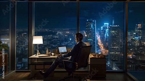 Back view business man sit at the computer working at night with window city view background. person sits at his desk at home office