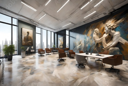 An executive office space with a 3D-rendered wall design inspired by classic art