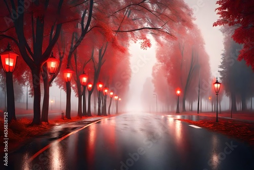 An empty illuminated country asphalt road through the trees and village in a fog on a rainy autumn day, street lanterns close-up, red light. Road trip, transportation, communications driving 3d render