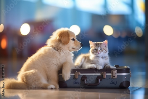 Travel and tourism, where dogs and cats on holiday vacations are ready to board a plane at the airport terminal, or board a plane at the gate and wait with suitcase and bags.