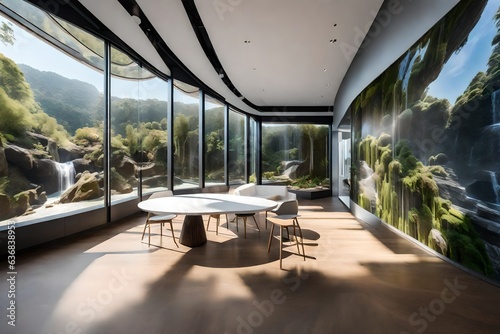 An office space from the future  featuring an innovative 3D-rendered wall design that seamlessly integrates natural elements like flowing waterfalls and lush gardens