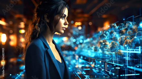 Portrait of young business woman, digital environment, data room