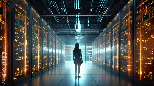 A young woman checks data in a large data room
