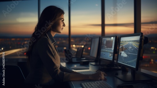 Woman working as air traffic controller in airport control tower, Generative AI