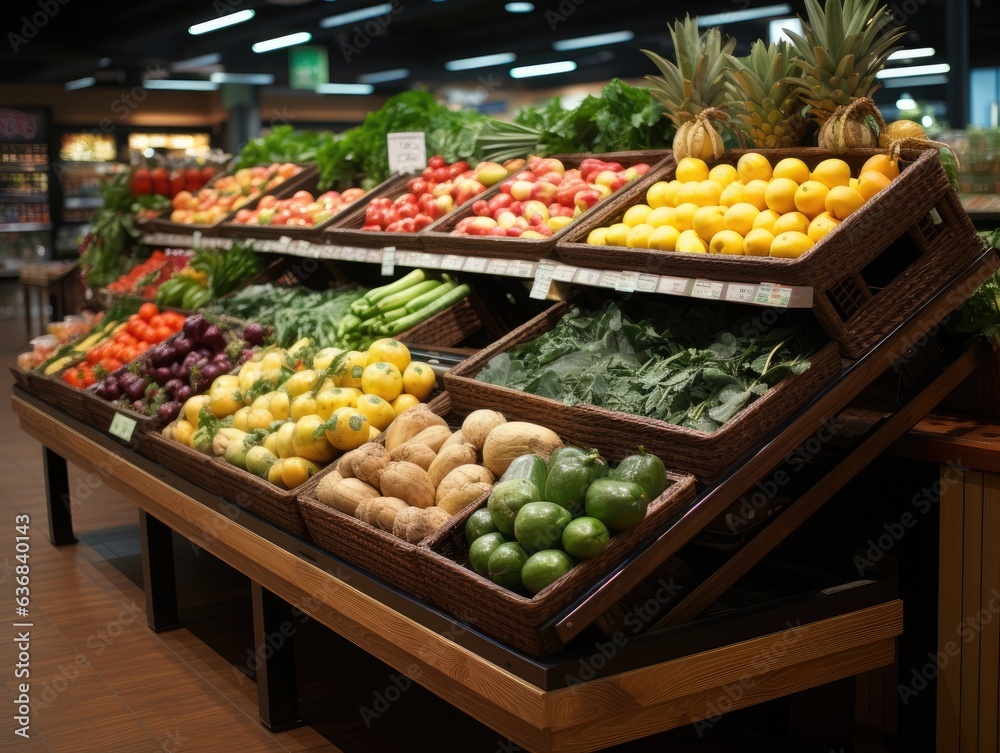 Close-up photo of a shelf of fresh vegetables and fruits in a supermarket, bright colors and light from bulbs. Generative AI