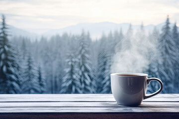 Hot steaming coffee cup standing on wooden table with background of winter forest