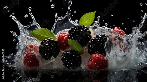 Realistic fresh blackberry and redberry splashed with water on black background and blur