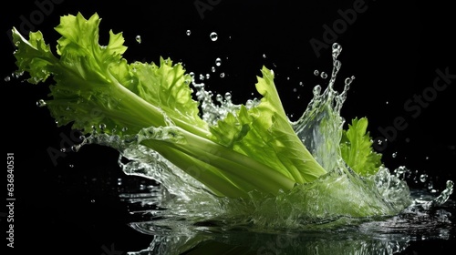 Realistic Fresh green celery exposed to water splash on black background and blur