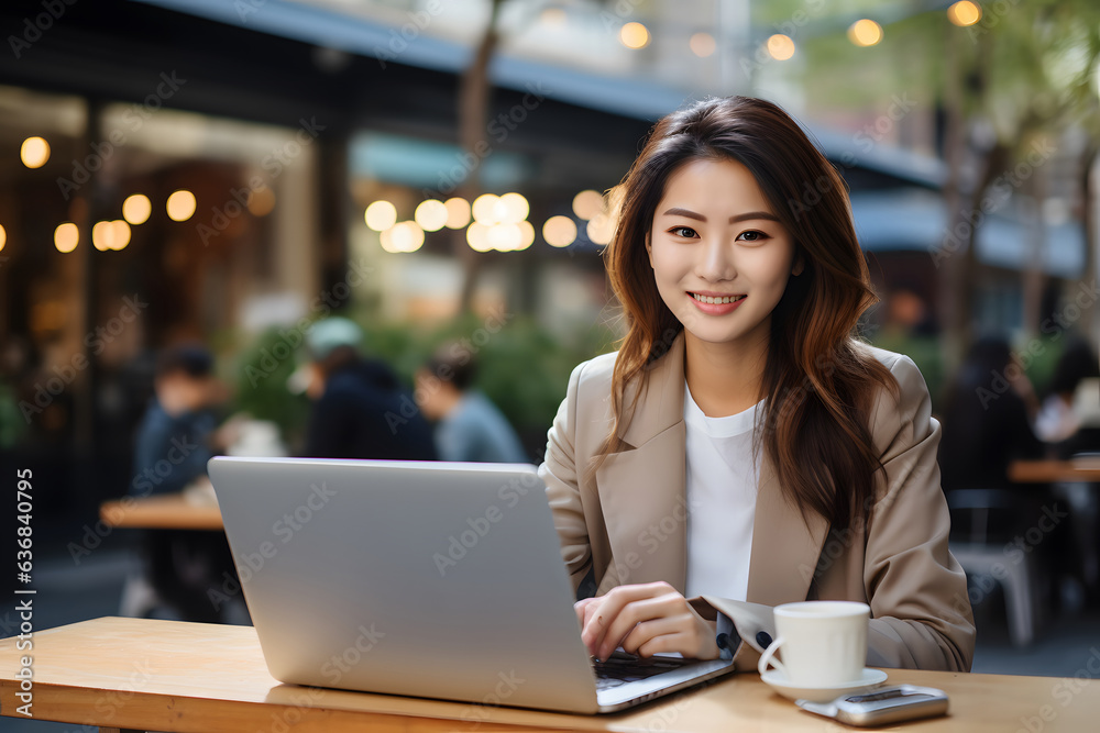 Young smiling professional cute Asian business woman is sitting outdoor on city street at cafe table in front of laptop Young smiling professional cute Asian business woman is sitting outdoor on city street at cafe table in front of laptop