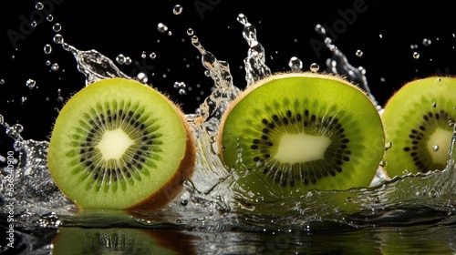 Realistic fresh green kiwis splashed with water on black and blurred background