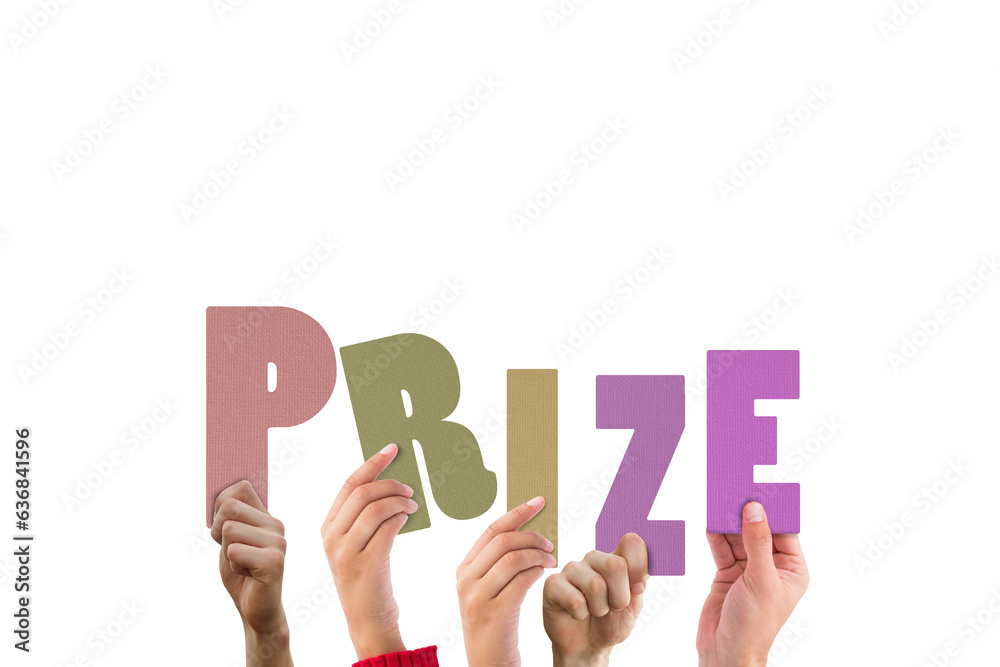 Digital png illustration of diverse hands holding prize word on transparent background Digital png illustration of diverse hands holding prize word on transparent background