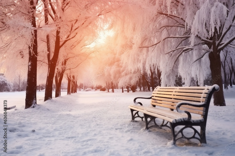 Park bench and trees covered by heavy snow. Lots of snow. Sunset. generative ai.