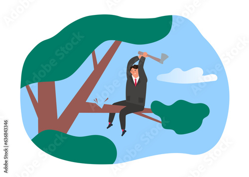 businessman cutting the branch on which he sits using axe vector illustration