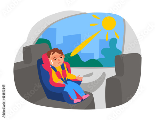 heat stroke locked child inside the parked car in the sun vector illustration 