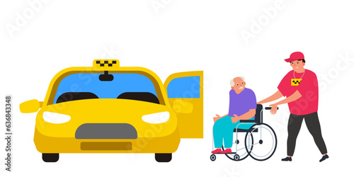 senior man in wheelchair and taxi driver helps him disabled people transportation vector illustration
