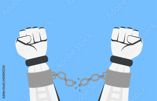 robot hands in handcuffs shackles with broken chain freedom concept vector illustration