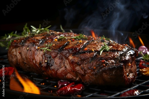 Delicious grilled steak on barbecue grill with flames on dark background