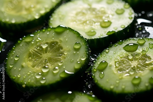 Cucumber slices with water drops on black background
