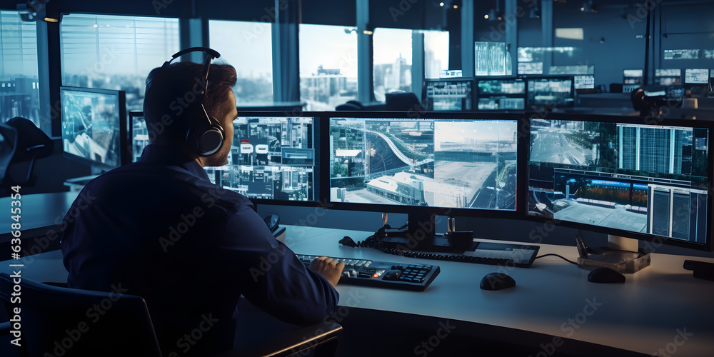 Male Officer Works on a Computer with Surveillance CCTV Video in a Harbour Monitoring Center with Multiple Cameras on a Big Digital Screen. Employees Sit in Front of Displays with Big Data - obrazy, fototapety, plakaty 