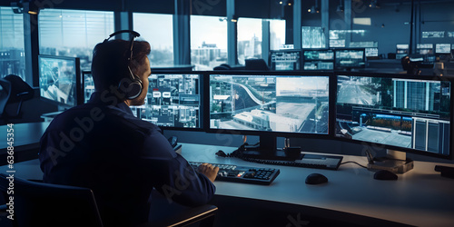 Male Officer Works on a Computer with Surveillance CCTV Video in a Harbour Monitoring Center with Multiple Cameras on a Big Digital Screen. Employees Sit in Front of Displays with Big Data