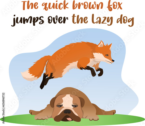 The quick brown fox jumps over the lazy dog cartoon illustration, English language pangram