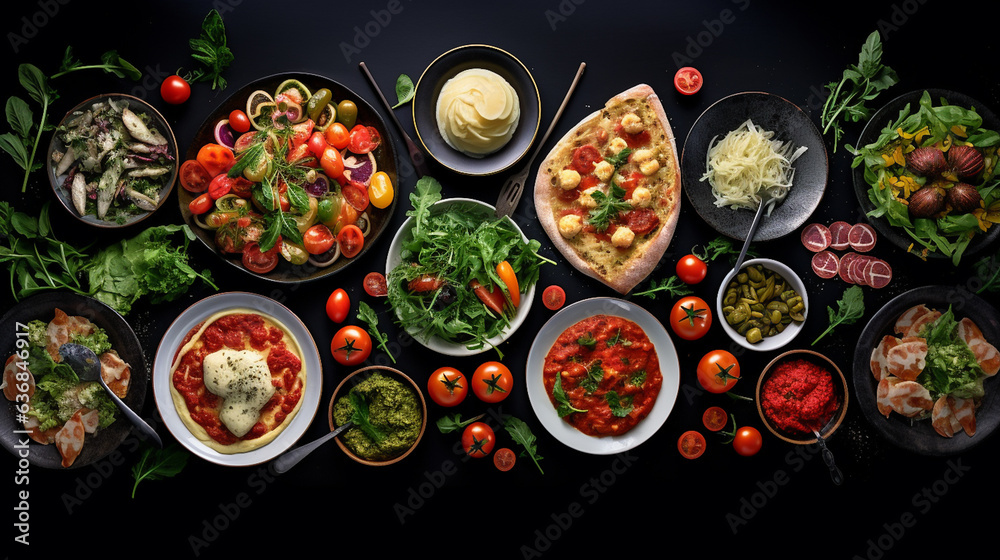 Set of food on the table. Italian cuisine. Top view. On a dark background. Set of food on the table. Italian cuisine. Top view. On a dark background.