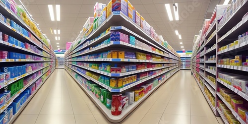 Modern Pharmacy Drugstore with Shelves full of Packages with Modern Medicine, Pill Drugs, Boxes with Vitamins and Supplements, Health Care and Beauty Products. Generative AI