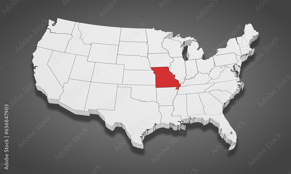 Missouri State Highlighted on the United States of America 3D map. 3D Illustration
