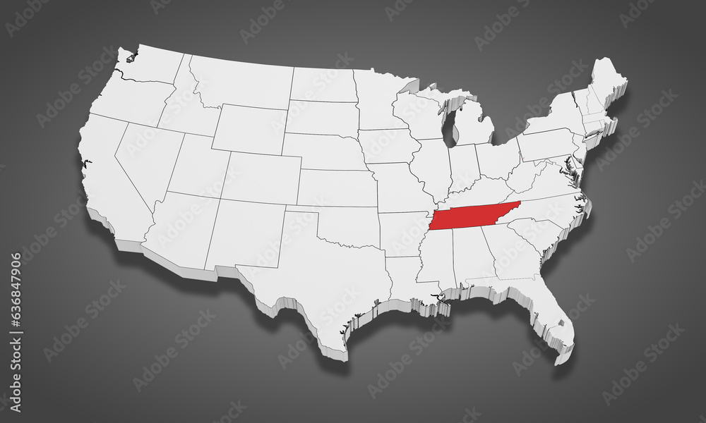 Tennessee State Highlighted on the United States of America 3D map. 3D Illustration