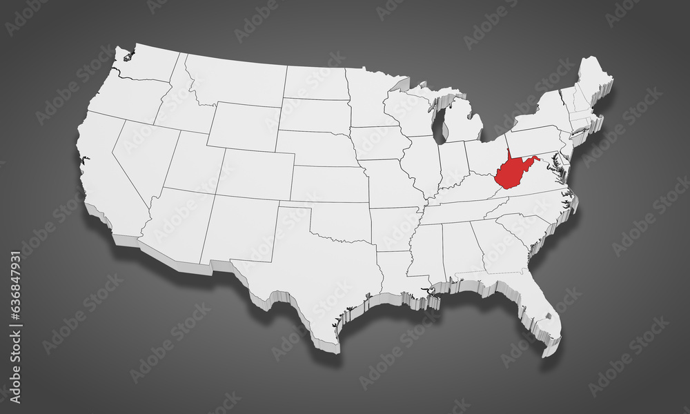 West Virginia State Highlighted on the United States of America 3D map. 3D Illustration