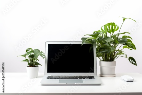 デスク上の観葉植物とノートパソコン 