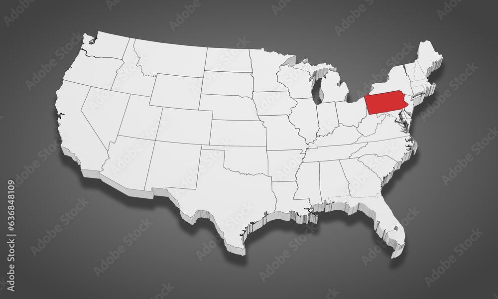 Pennysylvania State Highlighted on the United States of America 3D map. 3D Illustration