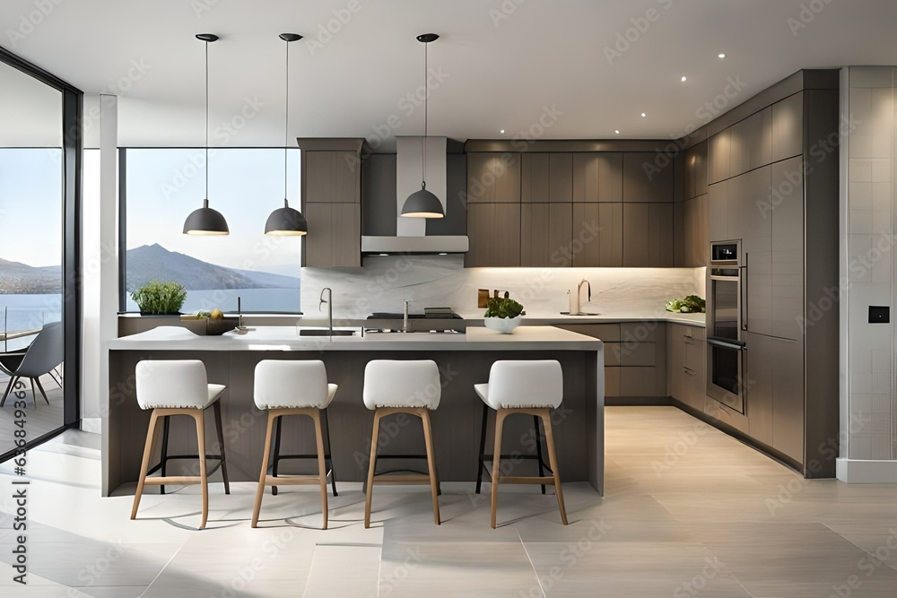 Modern gray kitchen features dark gray flat front cabinets paired with ...