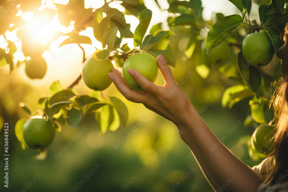 A woman farmer holds a ripe red apple in his hand A woman farmer holds a ripe red apple in his hand