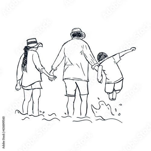 Happy family holding hands together on the beach. Travel and vacations hand drawn ink sketch concept, line drawing vector vintage illustration
