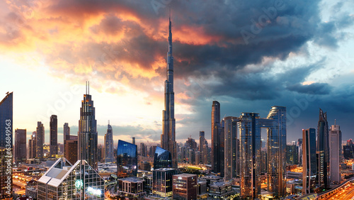 Dubai skyline at sunset with Burj Khalifa - aerial view, United Arab Emirates © TTstudio