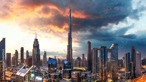 Obraz na plátne Dubai skyline at sunset with Burj Khalifa - aerial view, United Arab Emirates