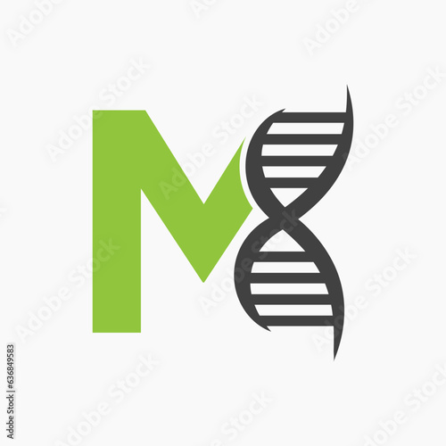 Letter M DNA Logo Design Concept With DNA Cell Icon. Health Care Symbol