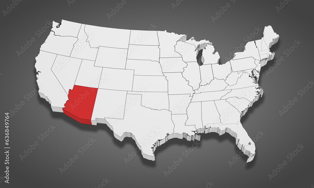 Fototapeta premium Arizona State Highlighted on the United States of America 3D map. 3D Illustration