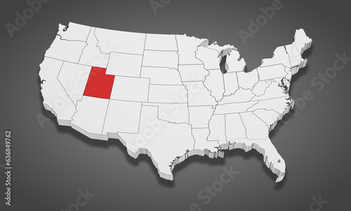 Utah State Highlighted on the United States of America 3D map. 3D Illustration