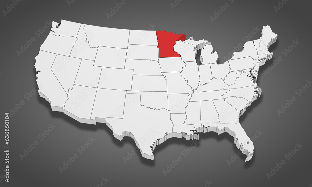 Minnesota State Highlighted on the United States of America 3D map. 3D Illustration