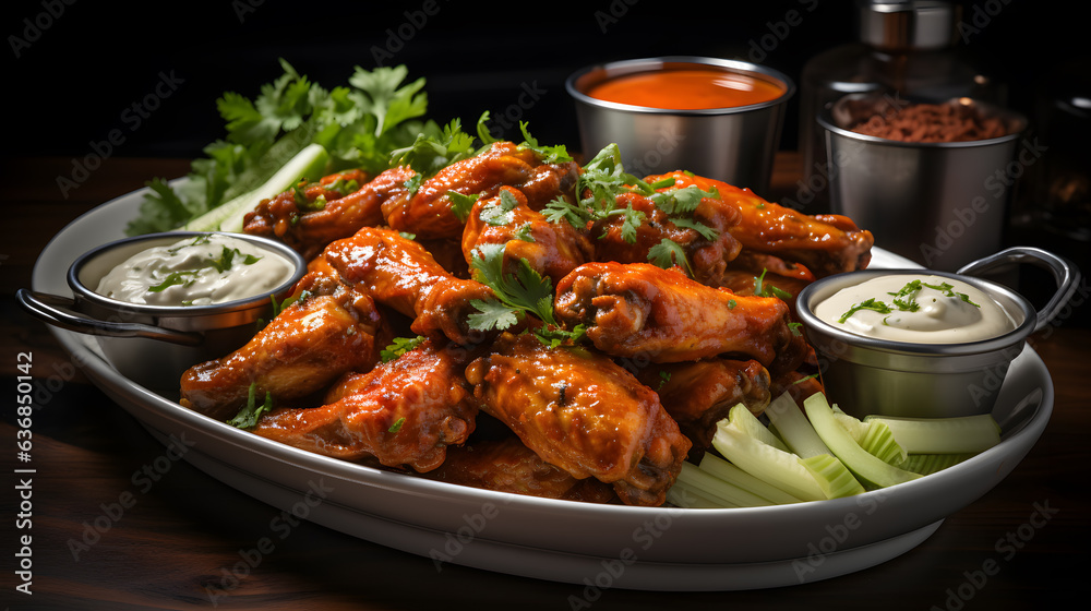Fototapeta premium Fried chicken wings ,Buffalo wings with melted hot sauce on a wooden table with a blurred background 