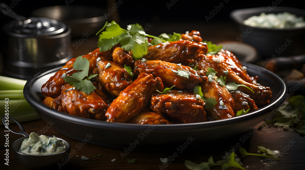 Fried chicken wings ,Buffalo wings with melted hot sauce on a wooden table with a blurred background 