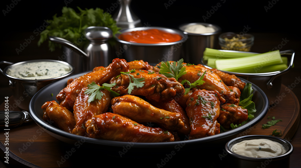 Fried chicken wings ,Buffalo wings with melted hot sauce on a wooden table with a blurred background Fried chicken wings ,Buffalo wings with melted hot sauce on a wooden table with a blurred background