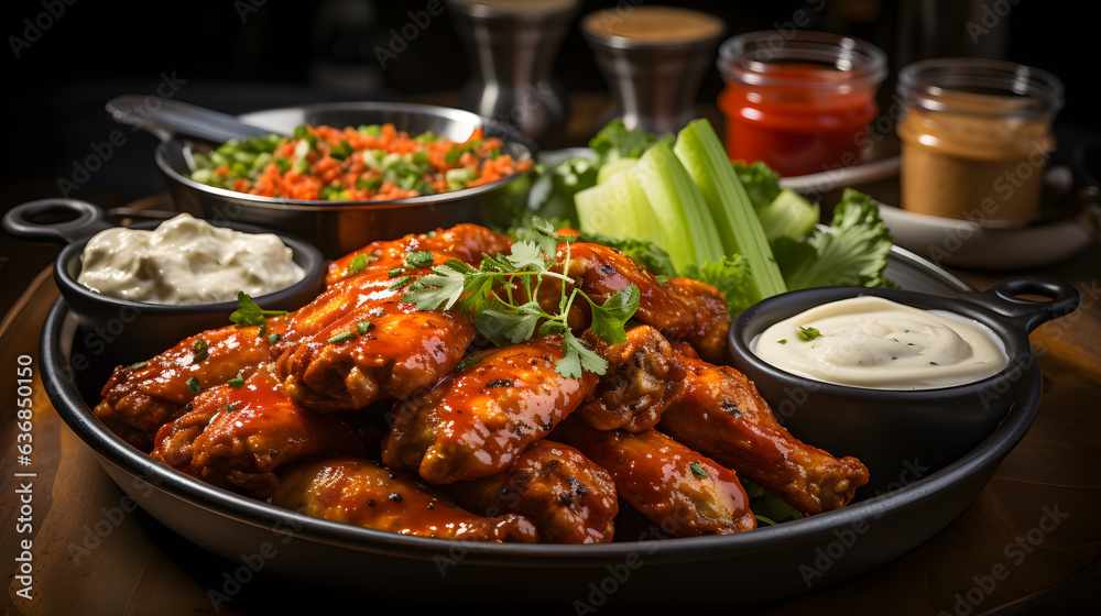 Fried chicken wings ,Buffalo wings with melted hot sauce on a wooden table with a blurred background Fried chicken wings ,Buffalo wings with melted hot sauce on a wooden table with a blurred background