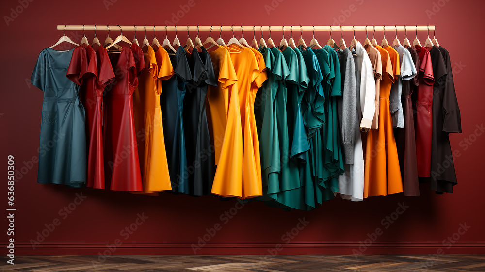 bright clothes on hangers in a fashion store